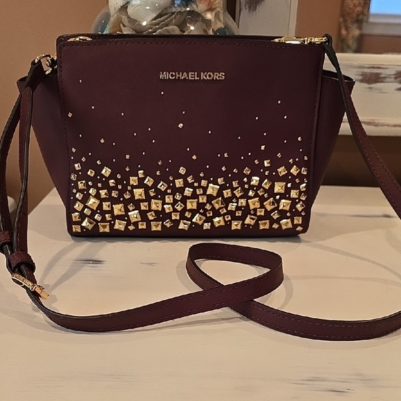 Michael Kors Handbags - Michael Kors Medium Studded Saffiano Leather Burgundy and Gold Crossbody Bag